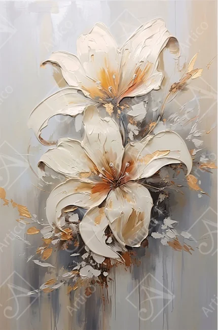 Articoo - Abstract Textured White Lily Flowers Painting With Gold Foil - 716545