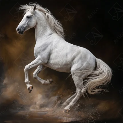 Articoo - Majestic White Stallion Rearing Dynamically In Dust Background - 385172