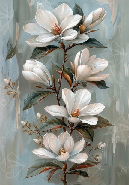 Articoo - Elegant White Magnolia Blossom Floral Branch Oil Painting Art - 166819