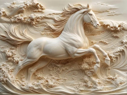 Articoo - 3D Carved Plaster Relief Horse Galloping Through Ocean Waves - 475594