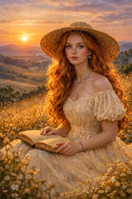 Articoo - Beautiful Redhead Woman Reading Book In Sunset Daisy Field - 536912