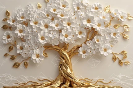 Articoo - 3D Plaster Relief Golden Tree With White Blossoms Art - 262486