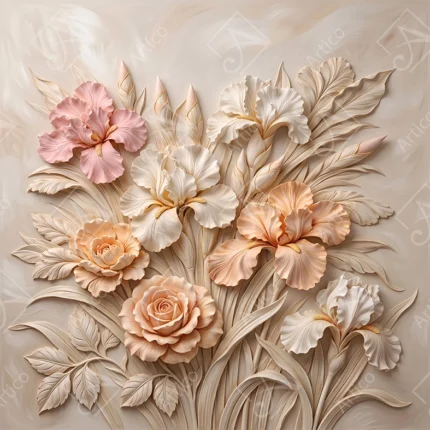 Articoo - 3D Plaster Relief Pastel Iris And Rose Flowers Art - 976956