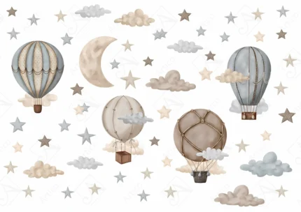 Articoo - Watercolor Hot Air Balloons Clouds Moon Stars Nursery Art - 321463