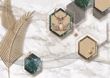 Articoo - Modern Geometric Hexagon Marble Wallpaper With Gold Leaves Deer - 242313