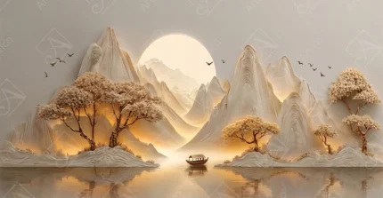 Articoo - 3D Plaster Relief Oriental Mountain Landscape With Glowing Moon - 822198