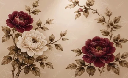 Articoo - Burgundy And White Peonies On Branches With Leaves Art - 242472