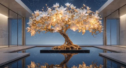 Articoo - Luminous Golden Tree With White Flowers Over Water Reflection - 614621