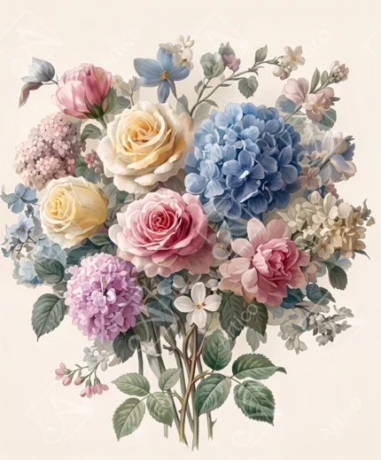 Articoo - Classic Mixed Floral Bouquet With Roses And Hydrangeas Art - 187339