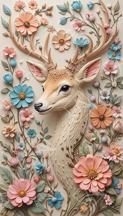 Articoo - Embossed Deer Head With Floral Antlers And Colorful Flowers - 974897