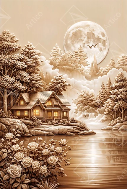 Articoo - Wood Carving Relief Landscape With Cabin And Full Moon - 548336