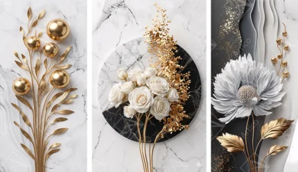 Articoo - Luxury Triptych Wall Art With White Roses And Gold - 689564