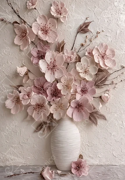 Articoo - Embossed Pink Cherry Blossom Flowers In A White Vase - 788194