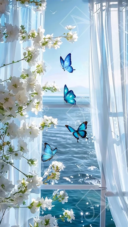 Articoo - Blue Butterflies And White Flowers Through A Window Sea View - 236134