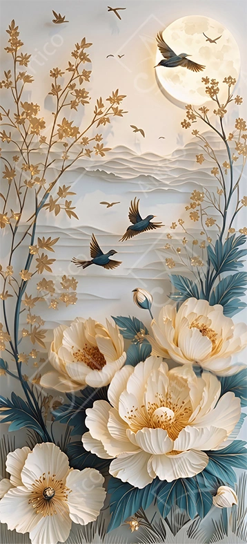 Articoo - Embossed White Flowers Birds And Moon Relief Wall Art - 921943