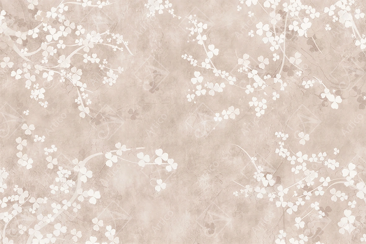Artico-0888 Articoo - Minimalist White Clover Branches On Beige Distressed Wall Texture - 699627