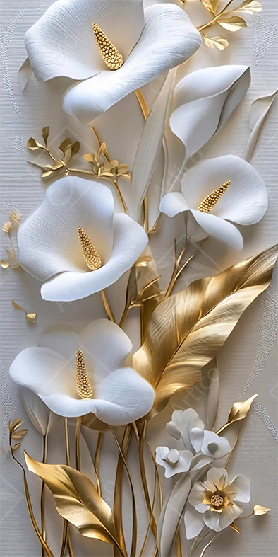 Articoo - White And Gold Calla Lily Flowers Relief Wall Art - 739453