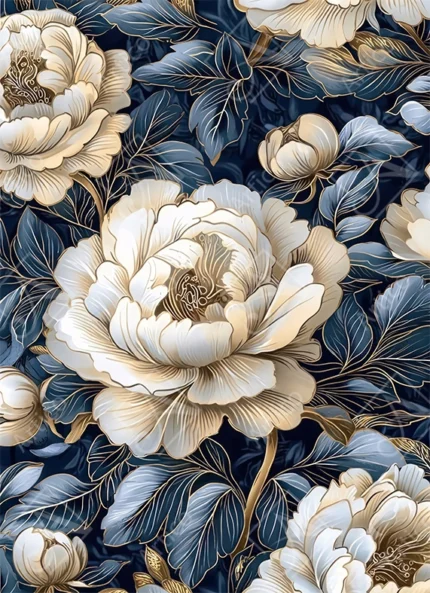 Articoo - Elegant White And Gold Peony Flowers Navy Blue Pattern - 245349