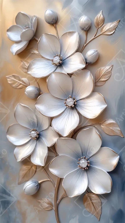 Articoo - Elegant White And Gold Embossed Relief Flower Wall Art - 293331