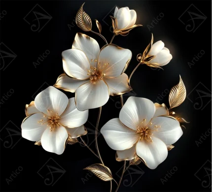 Articoo - Elegant White Flowers With Gold Edges On Black Background - 446965