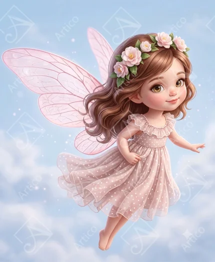 Articoo - Cute Cartoon Fairy Girl Flying In Blue Cloudy Sky - 436848