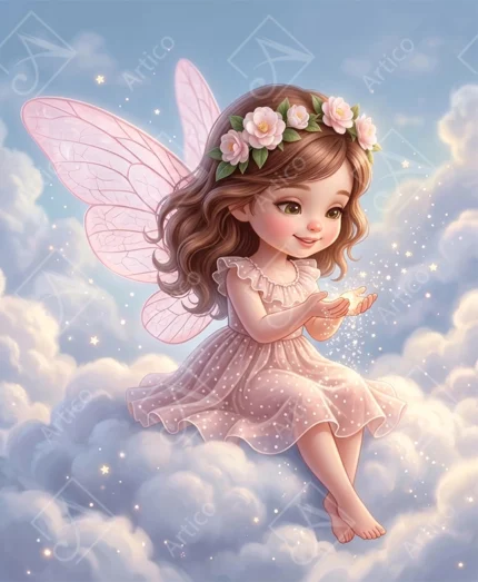 Articoo - Cute Cartoon Fairy Girl Flying In Blue Cloudy Sky - 436848