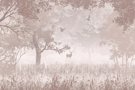 Articoo - Misty Rose Pink Forest Landscape Wallpaper With Lone Deer - 179751