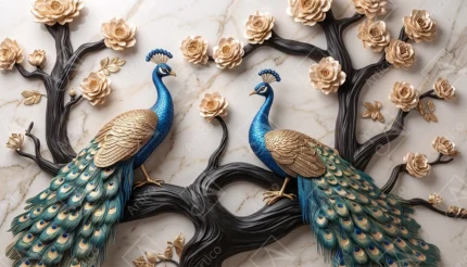 Articoo - 3D Porcelain Relief Peacocks On Golden Blossom Tree Branches - 778262