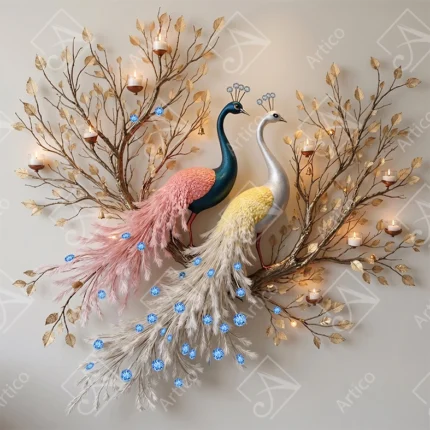 Articoo - Elegant 3D Peacock Wall Sculpture With Golden Candle Branches - 315437