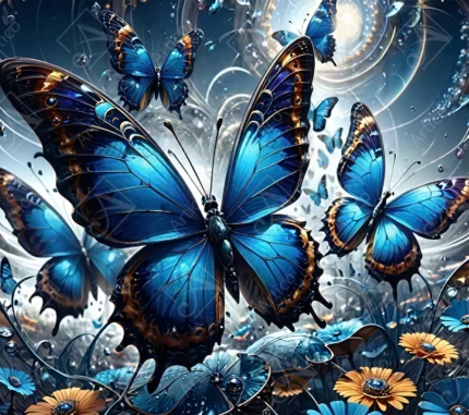 Articoo - Magical Blue And Gold Butterflies Flying Over Fantasy Flowers - 956145