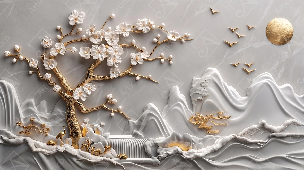 Artico-0833 Articoo - Luxury 3D Relief Golden Tree White Mountains Floral Wallpaper - 535931