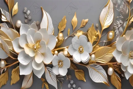 Articoo - Luxury 3D Golden Floral Background White Flowers Pearls Illustration - 737439