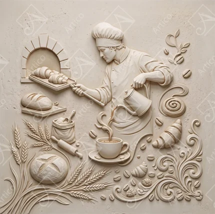 Articoo - 3D Relief Bakery Chef Pouring Coffee With Fresh Bread Mural - 383388