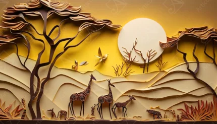Articoo - Layered Papercut African Safari Landscape With Giraffes And Sun - 533533