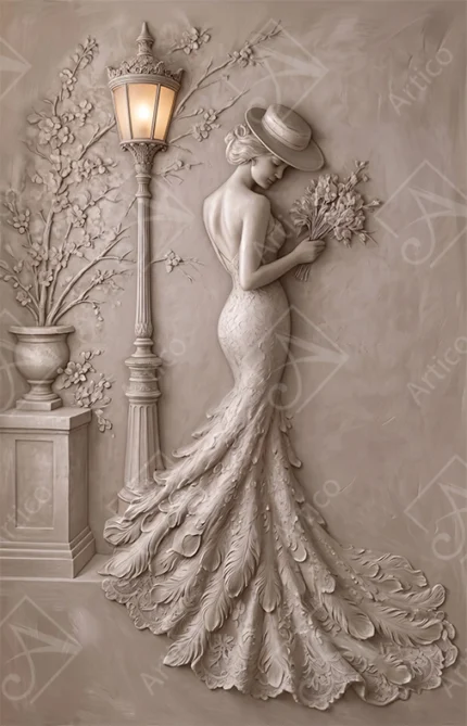 Articoo - Elegant 3D Relief Woman In Gown By Vintage Street Lamp - 694722