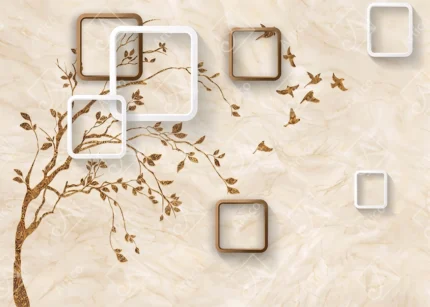 Articoo - Modern 3D Golden Tree Geometric Squares Marble Background Wallpaper - 589747