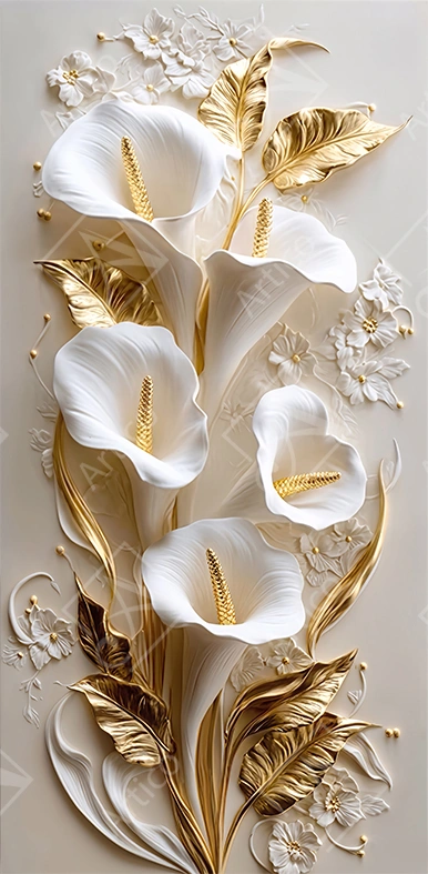Articoo - Luxury 3D Relief White Calla Lily Golden Floral Wallpaper - 469487