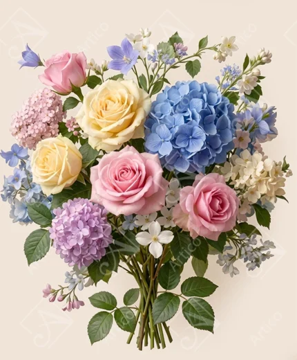 Articoo - Beautiful Pink Roses And Blue Hydrangea Flower Bouquet Illustration - 826982