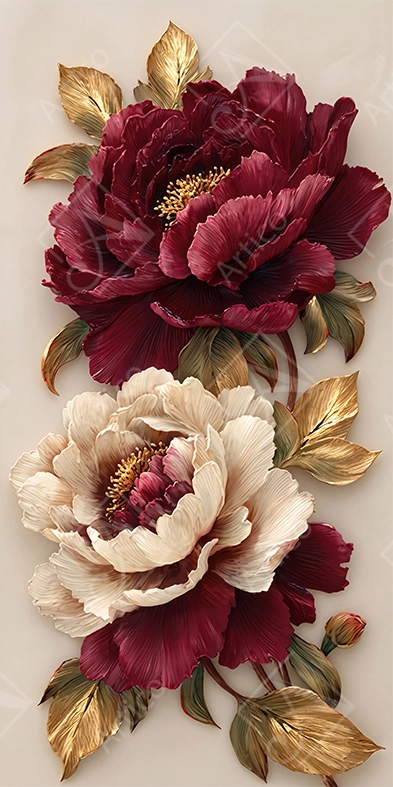 Articoo - Luxury 3D Relief Burgundy And Cream Peony Flowers Wallpaper - 956696