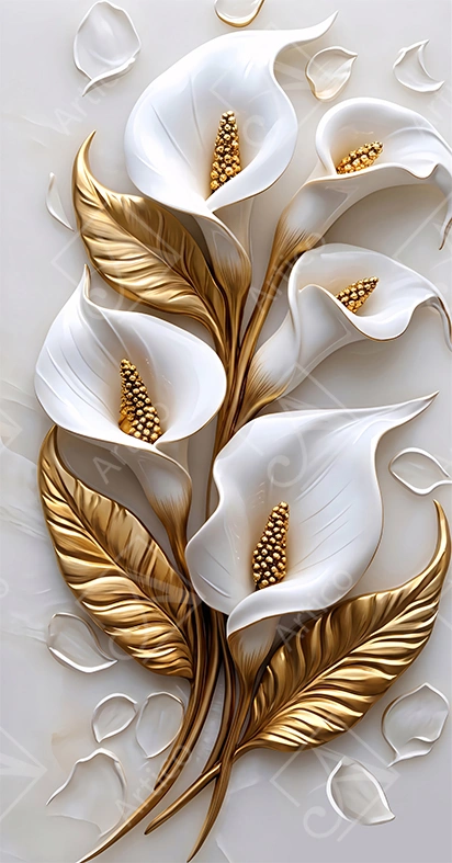Articoo - 3D Embossed White Calla Lily Flowers With Golden Leaves - 715453