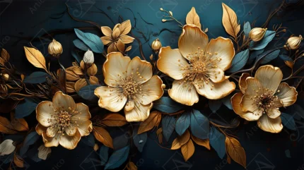 Articoo - Blooming Golden Flowers With Dark Teal And Gold Leaves - 774773