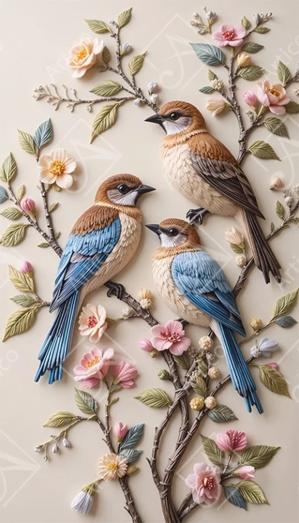 Articoo - Three Cute Little Birds On Flowering Tree Branches Relief - 543426
