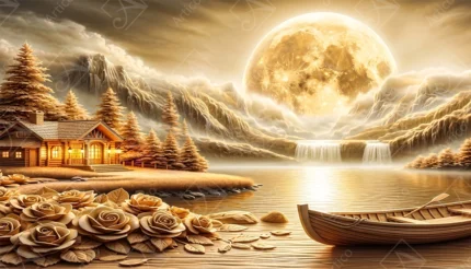 Articoo - Golden Moon Over Mountain Lake Cabin And Wooden Boat - 315498