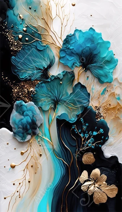 Articoo - Teal Alcohol Ink Flowers With Gold Veins Fluid Art - 482898