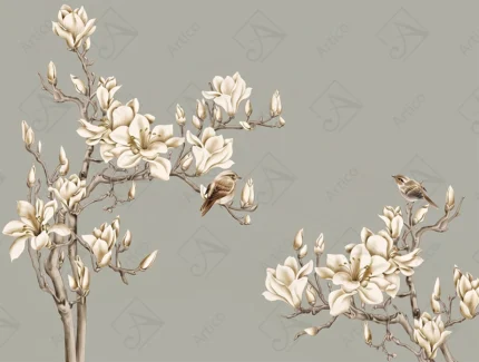 Articoo - Magnolia Tree Branches With White Flowers And Cute Birds - 443178