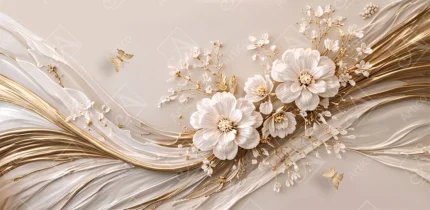 Articoo - Flowing Golden And White Waves With Floral Relief Art - 614933