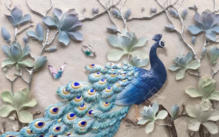 Articoo - Embossed Blue Peacock On Magnolia Tree Branch With Butterflies - 626224