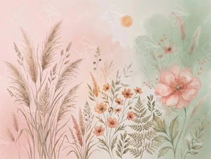 Articoo - Watercolor Wildflowers And Pampas Grass With Pastel Sun Background - 893413