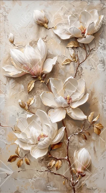 Articoo - Embossed White Magnolia Flowers On Textured Branch Relief Art - 156111