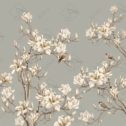 Articoo - Flowering Magnolia Tree Branches With Small Birds On Grey - 258274
